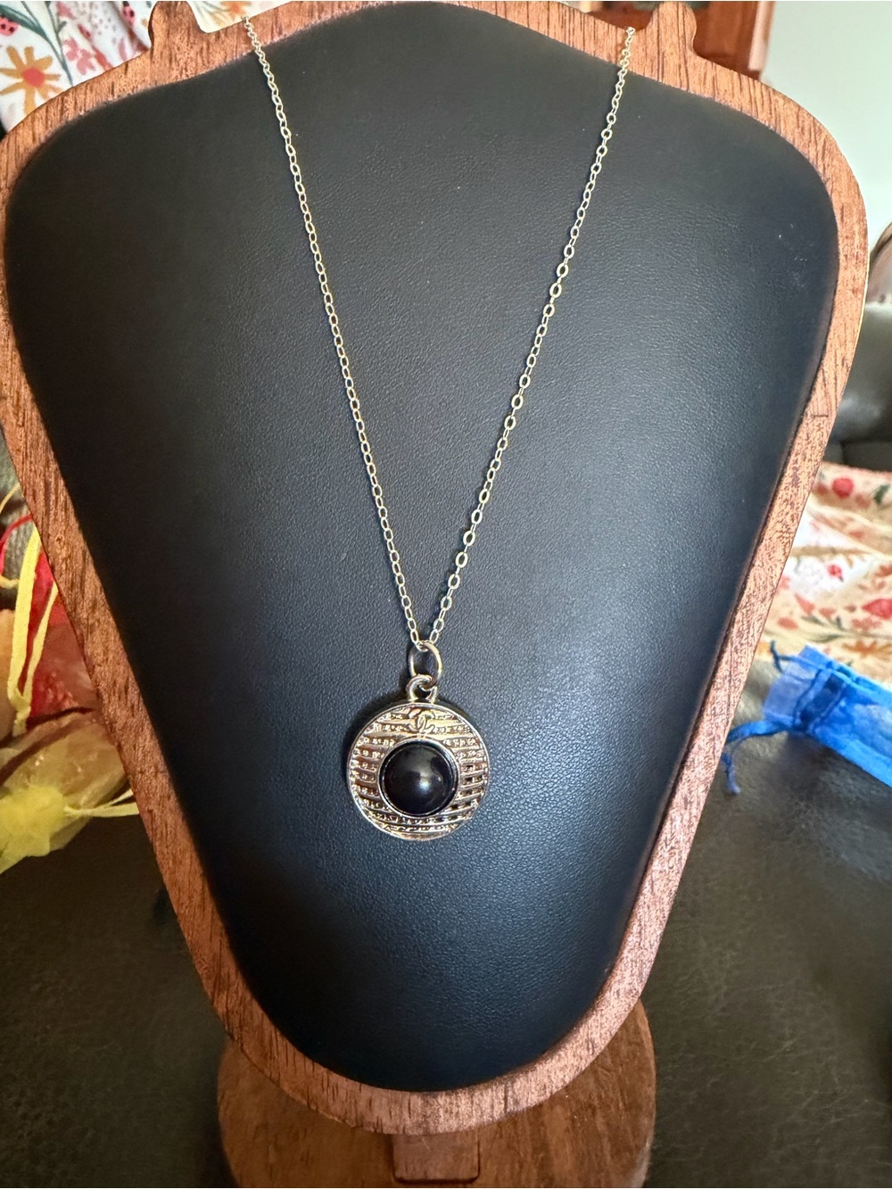 Hand Crafted Gold-Tone Pendant Necklace with Black Stone